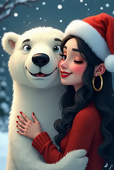 A Christmas scenario with a polar bear smiling with a woman with long straight black hair wearing a Santa Claus hat full lips with red lipstick smiling arched eyebrow nose piercing with large hoop earrings hugging the smiling bear 