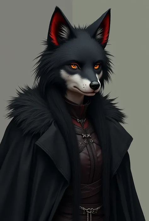 Anthropomorphic female wolf from a medieval fantasy universe. Dark fur, red dye on ears and some white stripes. 
Wears a long black leather coat, looks like a chaotic mercenary, has a battle scar on the face.