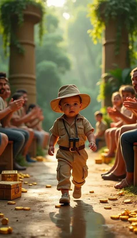 A baby confidently walks down a glossy runway set in a dense jungle. The background showcases ancient stone pillars wrapped in green vines, with glowing treasure chests and scattered gold coins around the edges. The baby is dressed in a beige safari outfit...