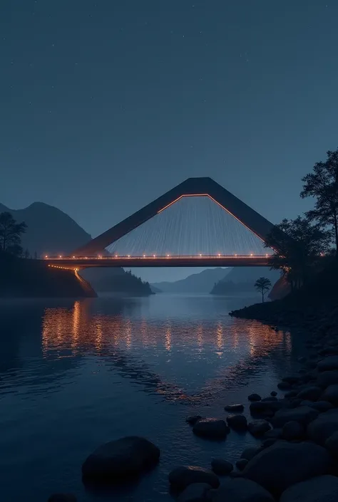 A futuristic, angular bridge spanning a river at night, illuminated by subtle LED lights.