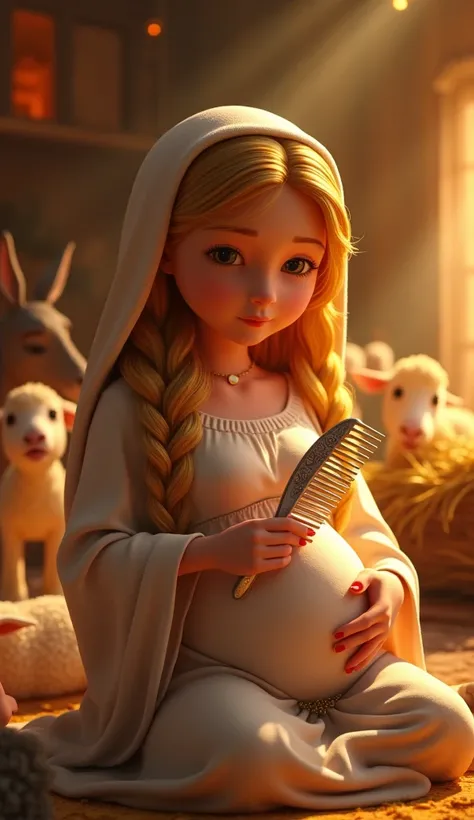 A 3D image with a Pixar-inspired cinematic style showing the Virgin Mary sitting serenely, combing her golden hair with a fine silver comb. She is surrounded by a warm and glowing environment of the birth of Jesus, with animals such as lambs and donkeys ar...