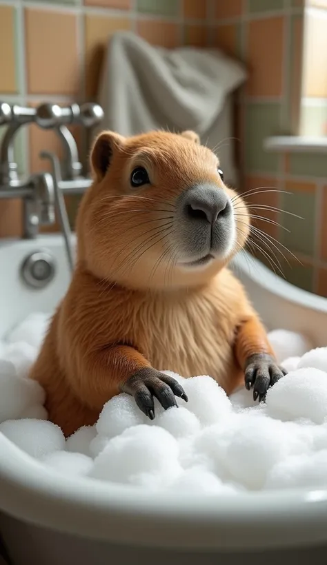  A super cute and ultra realistic capybara , with soft brown fur ,  sits in a tub filled with foam , enjoying a relaxing bath. The capybara,  with a calm and adorable expression , It is surrounded by soap bubbles ,  some floating gently around it . The bat...