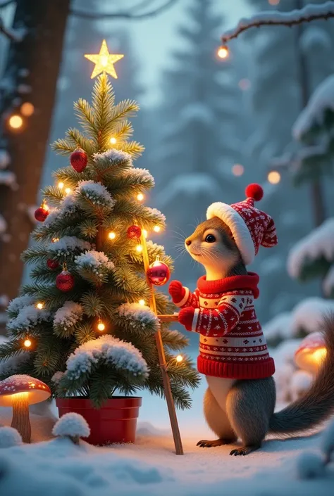 A 3D-rendered magical Christmas scene in a snowy forest. A highly realistic squirrel and a raccoon, both dressed in adorable Christmas sweaters and festive hats, are carefully placing a shiny red ornament on a glowing Christmas tree. The squirrel is on a s...