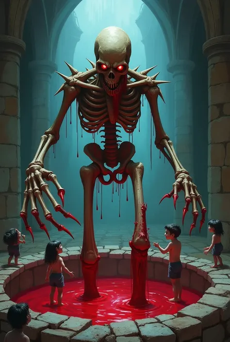 A horrifying skeletal figure emerging from a pool of blood in the center of a stone altar. The skeleton has jagged, sharp bones and glowing red eyes, with blood dripping from its form. Its long, bony fingers reach out menacingly toward a group of four terr...