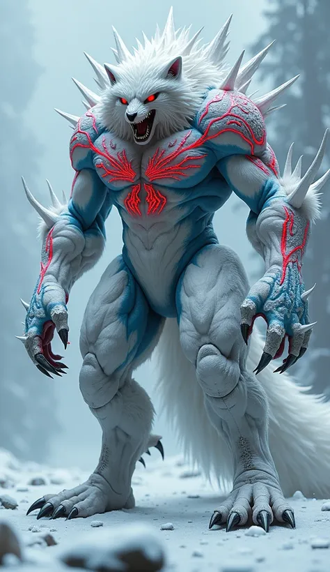 Massive and muscular hybrid fusion resembling a snow fox yet mutated with aggressive spidery traits. Its body is coated in thick, shimmering snowy white fur with streaks of vibrant red and blue forming organic patterns similar to Spider-Man’s suit. The fox...