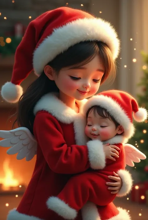 Mom dressed as Santa with baby with wings dressed as Santa 