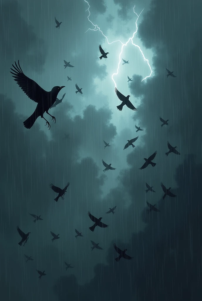 Birds flying in dark sky and rainy weather 