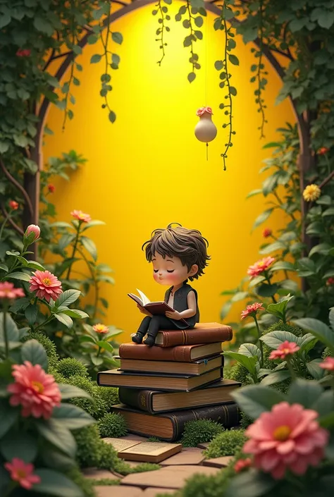 Make it in a garden with books and a yellow background