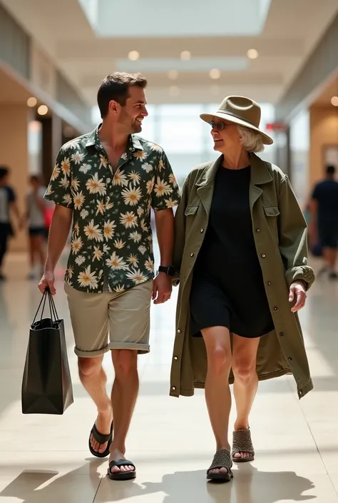 a short man in a hawai shirt and wearing flip flops carrying a shopping bag is walking in the mall with a tall old lady in a sports hat and wearing a black t-shirt and a black short skirt and sports shoes and a fancy army long coat.