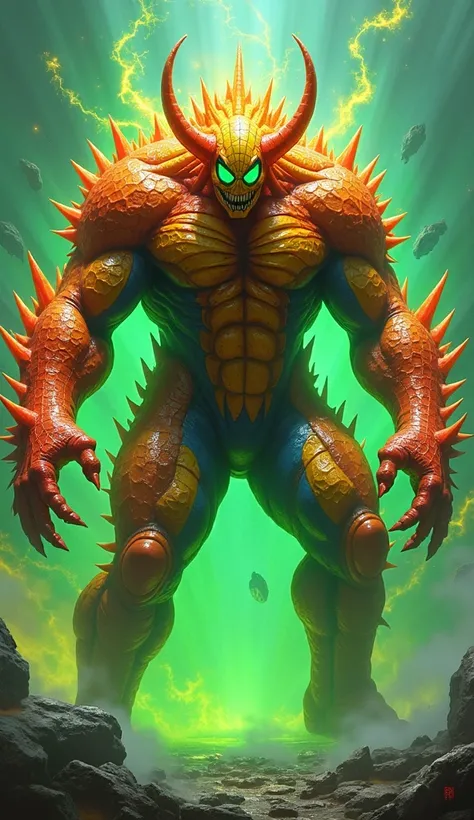 Massive and muscular hybrid fusion resembling a horned melon (Kiwano) yet mutated with traits from Spider-Man. Its spiked, vibrant orange and yellow exterior now takes on a humanoid form, with web-like red and blue patterns pulsating across its surface in ...