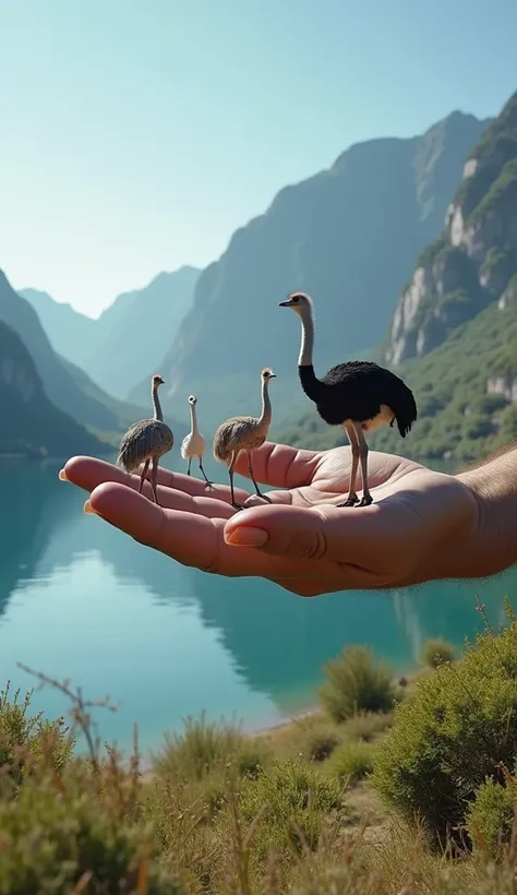 "A colossal human hand , incredibly detailed,  secure with extreme delicacy  **five ostriches ** ultra realistic,  each with unique characteristics : Black Feathers , white, gray,  brown scenery and a vibrant mix of colors .  The camera focuses intensely o...