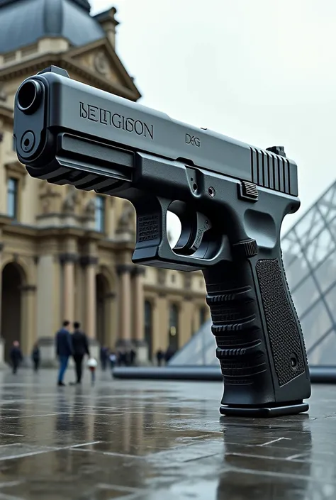 A huge glock gun stands outside the Louvre 