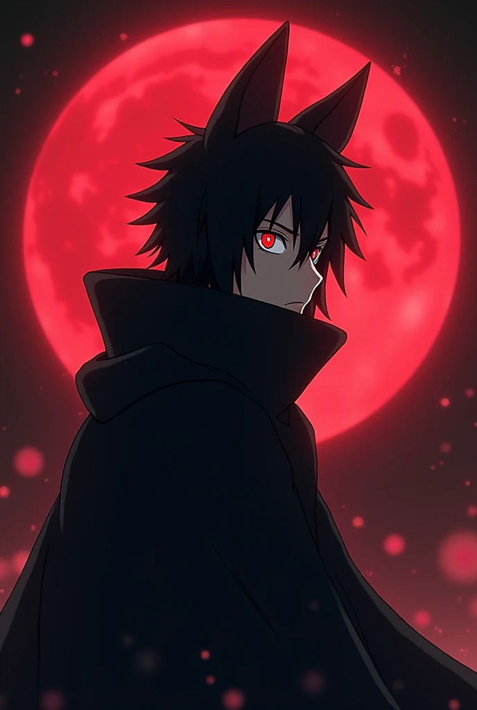 An animestyle image of Sasuke Uschia , Which Schidori uses and wears a black Akazuki cape .  He also wears a hood and a full red moon can be seen in the background. This moon is said to look like the 9-tailed fox Kurama