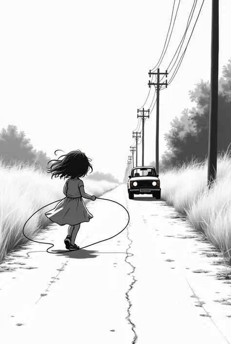 create black and white worksheet in which a girl plays skipping rope on road and a car is coming . 