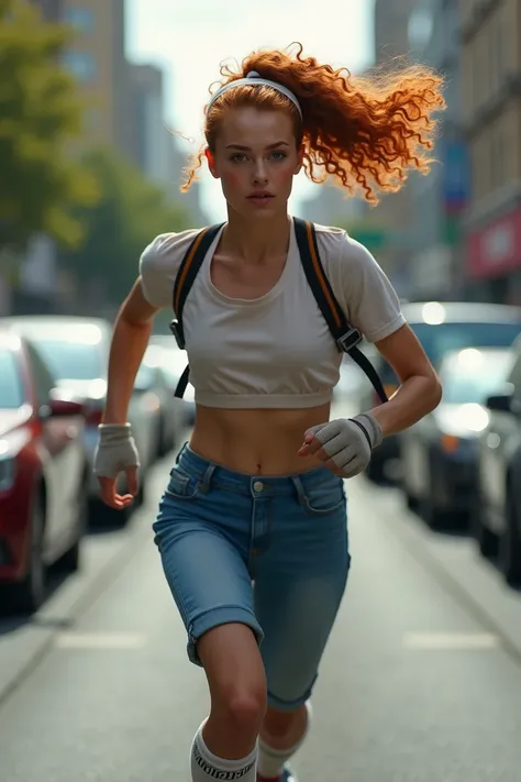 A ginger athlete woman on her skateboard. Running among cars on a busy city street. Short curly windy hair with one long pony tail. Wearing long socks, demin blue jean, half tshirt and gloves. Ultra detailed skin with some freckles. Super Detailed, Heavy B...