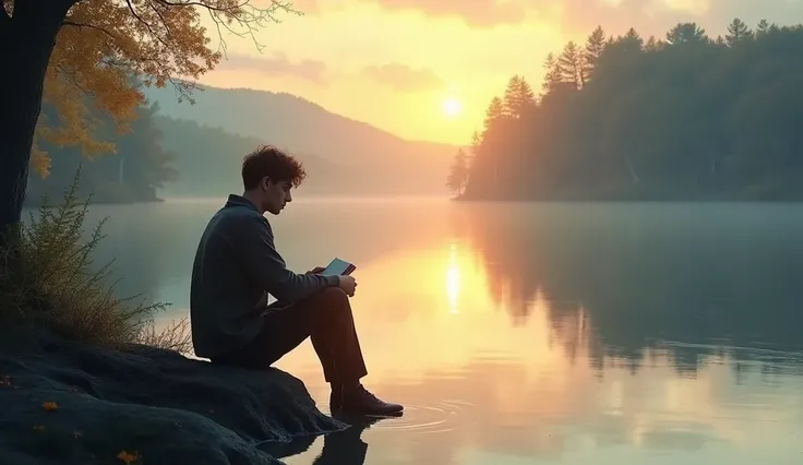 A figure seated on the edge of a tranquil lake at dawn , holding a notebook,  reflecting deeply as the reflection of the sun illuminates the waters.