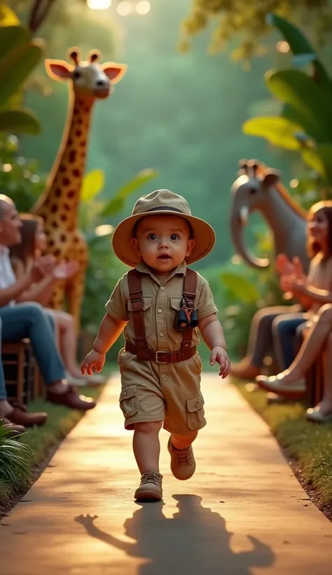 A baby walks confidently down the glossy ramp, dressed in an adorable safari explorer outfit. The beige romper includes tiny cargo pockets and a brown leather belt. The look is complete with a wide-brimmed explorer hat and mini binoculars hanging around th...