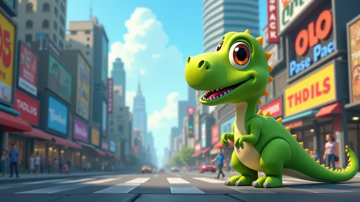  screen image for a Disney-style cartoon YouTube video story: format Pirax.  Tozzik in the modern city :  Picture a little dinosaur with a bright green skin ,  with his big, kind eyes and long , fluffy tail. Tozzika ,  getting out of the time machine and l...