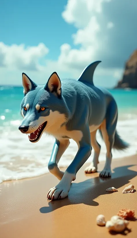 "A captivating hybrid of a wolf and a shark, featuring the body of a wolf with a shark fin on its back and sleek aquatic features. The creature is prowling along a sunlit beach, with the ocean waves gently lapping at the shore in the background. The beach ...