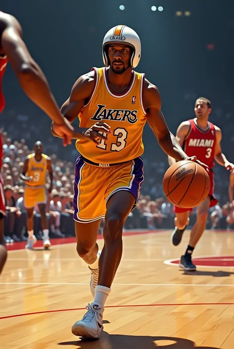 Ayrton Senna playing basketball with the Lakers jersey in the NBA game against the Miami Heat