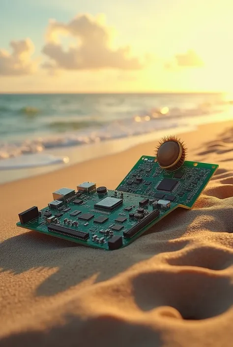 The electrical board is sunbathing in the sand