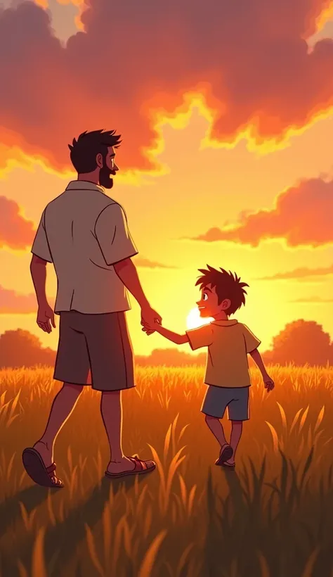 Final moment – Happiness together:
A heartwarming image of the father and Amit walking in a field during sunset. The father is still wearing his torn slippers, but Amit’s joyful expression reflects their bond. The vibrant sunset colors add to the emotional...