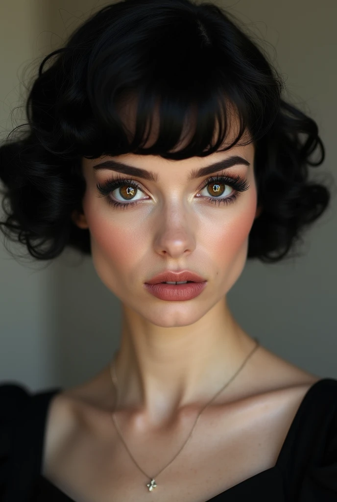  woman of 20 years old with short wavy black hair in vintage style with short bangs,  black eyeshadow and her big black eyes with a serious look, small round nose with pointed tip ,  face with defined and feminine jaws , thin eyebrows and vintage style ,  ...