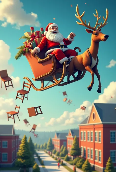 Santa Claus in a sleigh flying over a high school dropping tables and chairs as presents