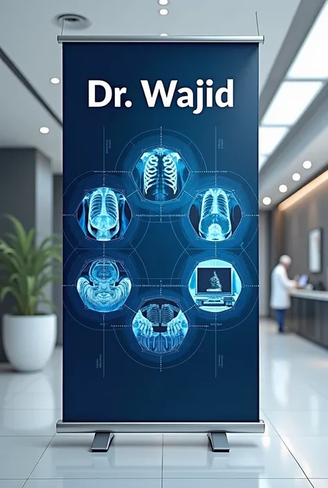 Clinic banner by name of dr wajid having photos of x-ray 
ultrasound ecg laboratory 