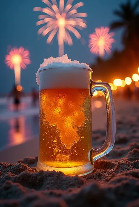 real macro definition image of a cold beer mug overflowing on the beach sand and in the background a beach with fireworks and New Years party during the night