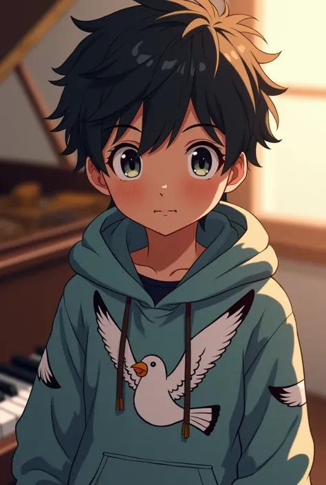 anime profile picture,  a dark-skinned boy wearing a seagull hoodie blouse,  the image must have music /Piano involved  