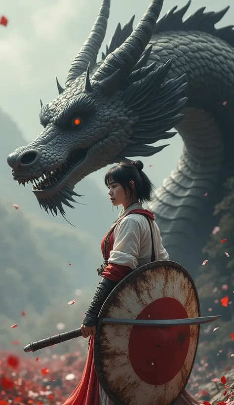 A Very Beautiful Unreal Beauty Korean Young Woman With Very Short Straight hairs , Standing Straight Holding A Warrior Steel Sword In Hand, A Giant Dragon Face Behind Her, Warrior Woman Holding A South Korean Flag Printed Shield In Hand, A Very Austhetic B...