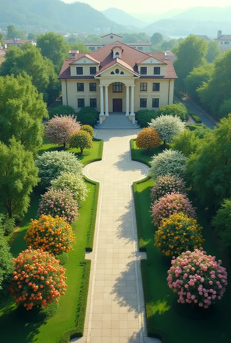 Flowers and fruits have appeared on the small and large trees in the grounds of a school. The school is in the middle and the trees around it. Drone shot.