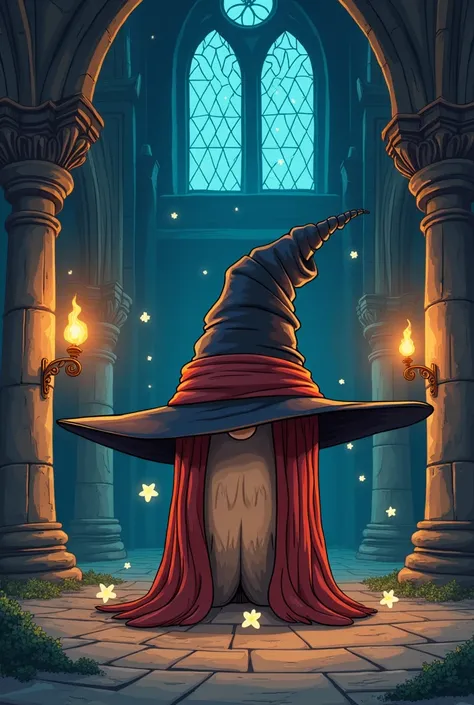 Harry Potter Hogwarts Sorting Hat Talking Lying Alone Cartoon Style In An Ancient Castle
