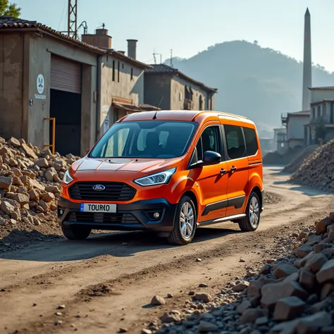 A 2023 Ford Tourneo Connect in different colors drives on a rubble road at an industrial facility outside the city