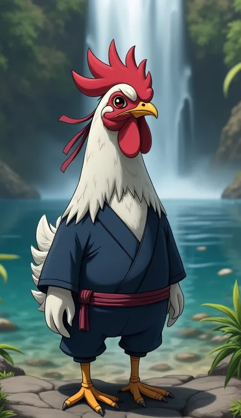 "An ultra realistic chicken , Super cute,  wearing the clothes of Sasuke from the anime Naruto ,  with the dark blue and white uniform ,  and the ninja headband tied ,  displaying the symbol of the Hidden Leaf Village . The chicken has a determined and dig...