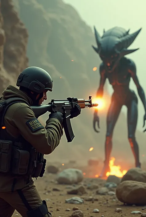 Ak 47 shooting at an alien