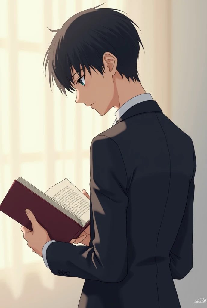 An anime boy with black hair and black eyes, wear a school uniform, with back pose is reading a book