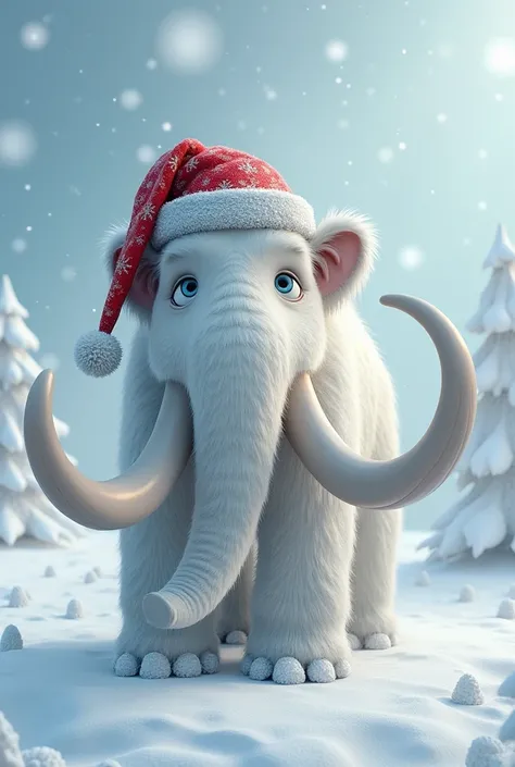 I imagine a realistic white mammoth wearing a Christmas hat with a snowy landscape with a phrase "MERRY CHRISTMAS TRUE "