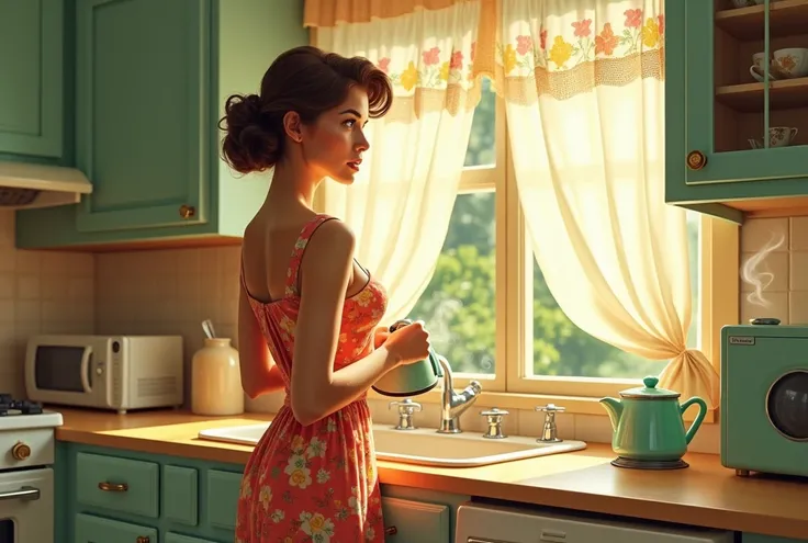 A 1950s suburban kitchen with pastel-colored appliances, a steaming coffee pot on the counter, and a beautifull big breast woman in a floral dress gazing longingly out the window.