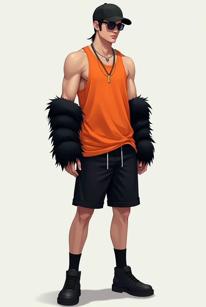 A young medium body man wear orange tank top, back short pants, black fur sleeves cover from elbow to wrist, long black socks, black shoes, wear black cap, necklace.