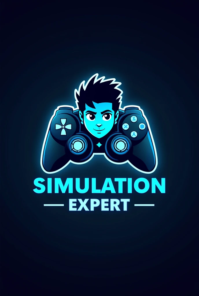 This is a gaming logo that features the name "Simulation Expert Shahir" in a futuristic font and a neon blue color. and Boy Anime avtar, The logo also has a stylized controller icon. The logo is designed to be attractive and eye-catching, and to appeal to ...