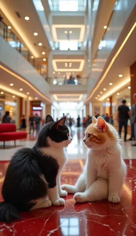 (Photorealism:9.16), A baby with adorable white skin,  nasolabial,  long shiny black hair ,  wearing cute and luxurious baby clothes , sitting on a large sofa chair in the middle of the atrium of a luxurious and majestic shopping mall mall facing off again...