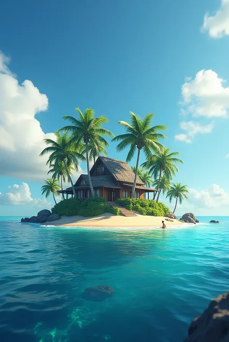 Arafede Island with palm trees and sandy beaches，There is a house， tropical island， epic matte painting of an island， island in a blue sea， an island floating in the air， island landscape， island floating in the sky， island background， Monsoon on a tropica...