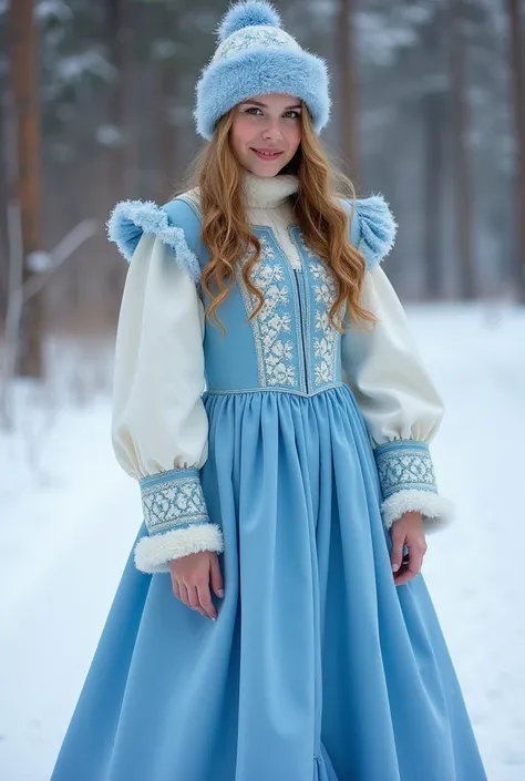 Woman in blue and white dress and hat, Russian costume, teenager Vanessa Morgan, photorealistic, fun, snow, knees, frost