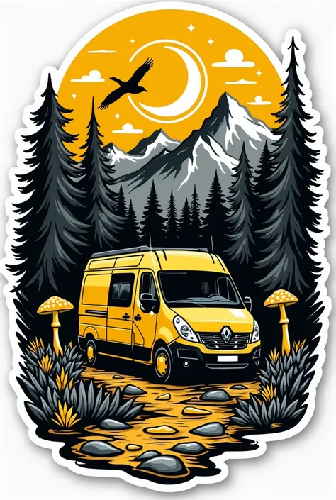 Create a psychedelic or simple sticker for camper fans. The sticker should be designed in black and white with accents of dark yellow. Incorporate the outline of a Renault Master 3 along with symbols such as a sun, a moon, and a bird. Also include elements...