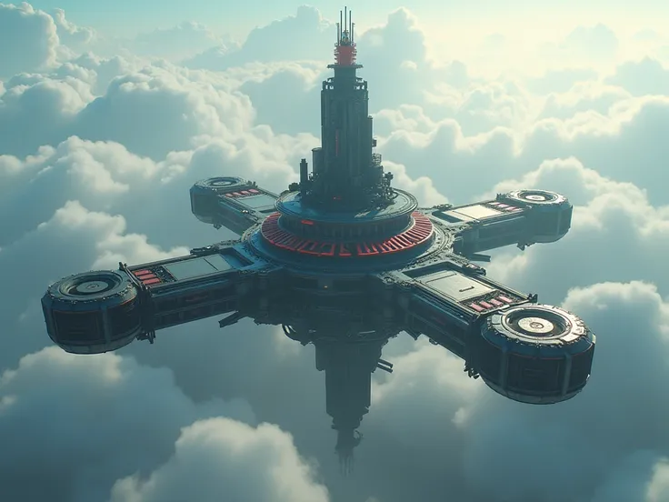  "A colossal, futuristic structure inspired by the design of the Red Room from Black Widow, suspended high above the clouds. The building is much larger and more intricate, featuring multiple interconnected wings, advanced technological equipment, and fort...