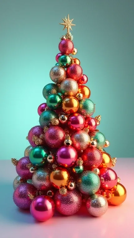 Pine tree-shaped arrangement of colorful Christmas ball decorations, 3D modeling, Dynamic Lighting, HDRi                                                                         