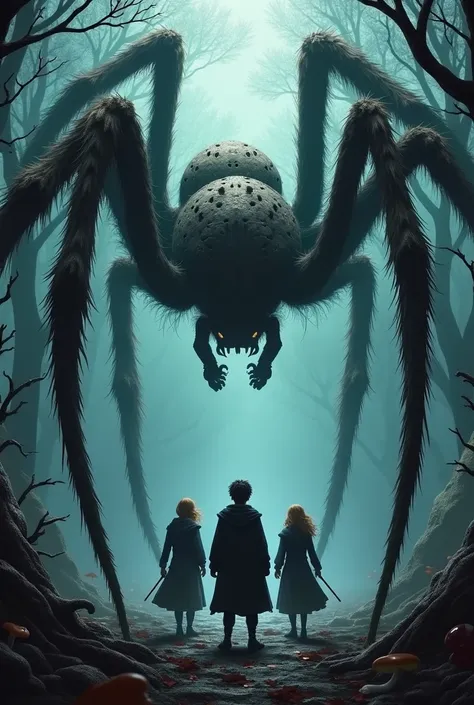 drawing of harry potter ron and hermione in a dark forest and meet a giant spider