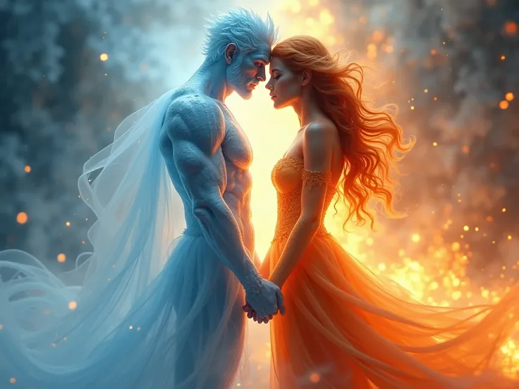 Love between an ice man and a fire woman who hold hands 